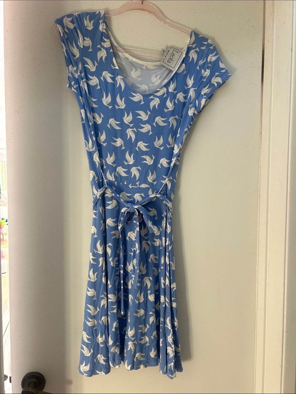 Leota Blue Midi Dress with White Bird Print and Tie Waist